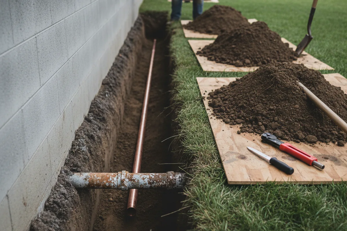 Excavated water line trench during Water Heater Repair in Ponchatoula